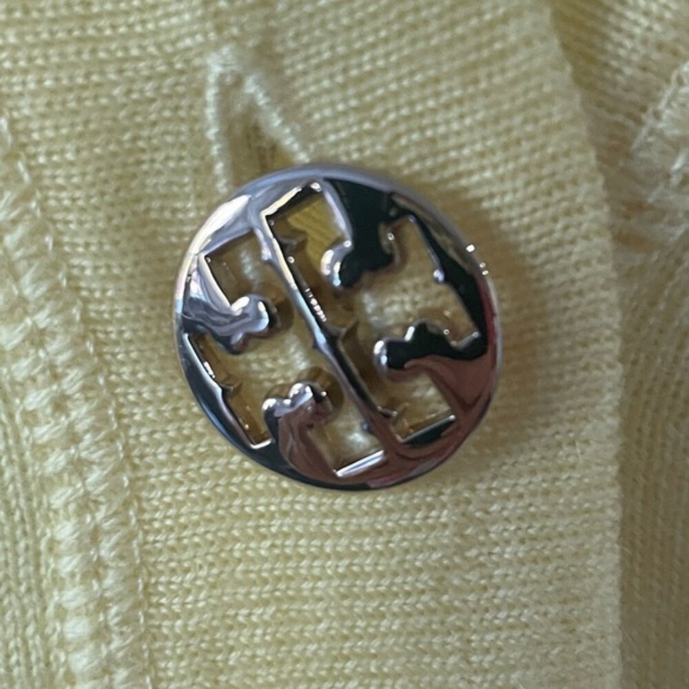 NEW NWOT TORY BURCH SIMONE LEMON CURD CLASSIC GOLD SIGNATURE BUTTON CARDIGAN XL - Picture 9 of 11